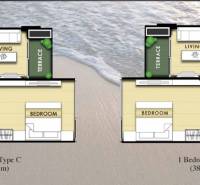 1 IZBOVÝ APARTMÁN (1 SPÁLŇA + 1 OBÝV. IZBA) CITY GARDEN TROPICANA  - Pôdorys dvoch apartmánov s jednou spálňou, kuchyňou, obývačkou, terasou a kúpeľňou.