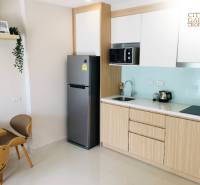 1 IZBOVÝ APARTMÁN (1 SPÁLŇA + 1 OBÝV. IZBA) CITY GARDEN TROPICANA  - Kuchynský kút v 2-izbovom byte s chladničkou, mikrovlnkou a dreveným nábytkom.