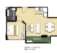 1 IZBOVÝ APARTMÁN (1 SPÁLŇA + 1 OBÝV. IZBA) CITY GARDEN TROPICANA  - Pôdorys 2-izbového bytu s kuchyňou, obývačkou, terasou a kúpeľňou.