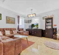 3 nehnuteľnosti na pozemku 4700m2 | Hamuliakovo  - Obývacia izba v rodinnom dome s hnedou sedačkou, kreslami a obrazmi na stenách.