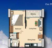 1 IZBOVÝ APARTMÁN (1 SPÁLŇA + 1 OBÝV. IZBA) THE CLOUD PATTAYA - Pôdorys 2-izbového bytu s balkónom, obývačkou a spálňou.