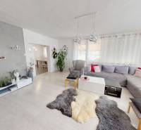 Rodinný dom na pozemku 2200m² s možnosťou ďalšej výstavby (Košeca) - Obývačka v rodinnom dome s veľkým gaučom, TV, rastlinami a kobercami na podlahe.