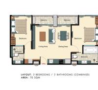 2 IZBOVÝ APARTMÁN (2 SPÁLNE + 1 OBÝV. IZBA) CITY GARDEN TOWER PATTAYA - Pôdorys zobrazuje 3-izbový byt s dvomi spálňami a dvomi kúpeľňami, vybavený balkónmi.