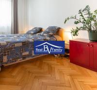 PRENÁJOM, STROMOVÁ, NOVÉ MESTO - DVOJGARSÓNKA - Spálňa v dvojgarsónke s drevenou podlahou, posteľou, červenou skriňou a rastlinou.