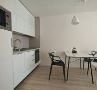 TOP ! na prenájom 1,5i luxusný, klimatizovaný apartmán Košice - Krivá  - Kuchynský kút v 1-izbovom byte, biele skrinky, stôl so stoličkami, drevená podlaha.