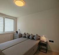 TOP ! na prenájom 1,5i luxusný, klimatizovaný apartmán Košice - Krivá  - Spálňa s posteľou, skrinkou a oknami v 1-izbovom byte, neutrálne farby.