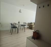TOP ! na prenájom 1,5i luxusný, klimatizovaný apartmán Košice - Krivá  - Interiér 1-izbového bytu so svetlým nábytkom a drevenou podlahou, obsahuje jedálenský stôl.