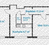 PREDAJ 2 izb. bytu ,52,50 m2, BA - Hornádska ul,2/8.posch., kompl.rek. - Pôdorys 2-izbového bytu s dvomi izbami, kuchyňou, predsieňou, kúpeľňou a WC.