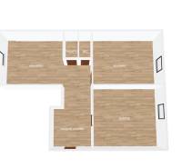 NOVINKA - 2 izbový tehlový byt - Nová Dubnica - 60m²  - Pôdorys 2-izbového bytu s obývačkou, kuchyňou, spálňou a kúpeľňou.
