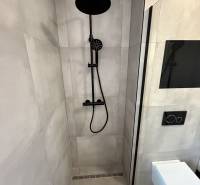 Moderný 2-izbový byt s terasou a parkovaním v Piešťanoch - Sprchovací kút a záchod s čiernymi doplnkami v 2-izbovom byte.