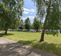 Priestranný 2-izbový byt na Vlčincoch s výbornou dostupnosťou - Park pri bytovom dome v Žiline s lavičkou a stromami v pozadí.
