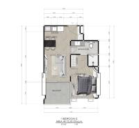 1 IZBOVÝ APARTMÁN (1 SPÁLŇA + 1 OBÝV. IZBA) SEASPIRE JOMTIEN PATTAYA - Pôdorys 2-izbového bytu s jednou spálňou, kuchyňou, obývačkou a balkónom.