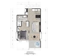 1 IZBOVÝ APARTMÁN (1 SPÁLŇA + 1 OBÝV. IZBA) SEASPIRE JOMTIEN PATTAYA - Pôdorys 2-izbového bytu s obývacou časťou, kuchyňou, spálňou, kúpeľňou a balkónom.
