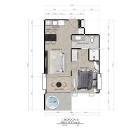 1 IZBOVÝ APARTMÁN (1 SPÁLŇA + 1 OBÝV. IZBA) SEASPIRE JOMTIEN PATTAYA - Pôdorys 2-izbového bytu s balkónom, vírivkou, kúpeľňou a kuchynskou zónou.