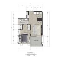 1 IZBOVÝ APARTMÁN (1 SPÁLŇA + 1 OBÝV. IZBA) SEASPIRE JOMTIEN PATTAYA - Pôdorys 2-izbového bytu so spálňou, obývacou izbou, kuchyňou a balkónom.