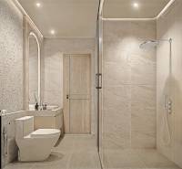1 IZBOVÝ APARTMÁN (1 SPÁLŇA + 1 OBÝV. IZBA) SEASPIRE JOMTIEN PATTAYA - Kúpeľňa v 2-izbovom byte s posuvnými sprchovými dverami a elegantným umývadlom.