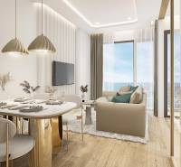 1 IZBOVÝ APARTMÁN (1 SPÁLŇA + 1 OBÝV. IZBA) SEASPIRE JOMTIEN PATTAYA - Interiér 2-izbového bytu s elegantným jedálenským stolom, pohovkou a veľkými oknami.