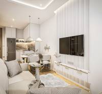 1 IZBOVÝ APARTMÁN (1 SPÁLŇA + 1 OBÝV. IZBA) SEASPIRE JOMTIEN PATTAYA - Obývacia izba s kuchyňou v 2-izbovom byte, svetlé farby a pohodlné sedenie.