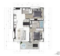 2 IZBOVÝ APARTMÁN (2 SPÁLNE + 1 OBÝV. IZBA) SEASPIRE JOMTIEN PATTAYA - Pôdorys 3-izbového bytu s obývacou izbou, dvoma spálňami, kuchyňou a balkónom.