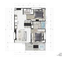 2 IZBOVÝ APARTMÁN (2 SPÁLNE + 1 OBÝV. IZBA) SEASPIRE JOMTIEN PATTAYA - Pôdorys 3-izbového bytu s kuchyňou, obývačkou, balkónom a dvomi kúpeľňami.