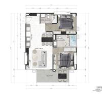 2 IZBOVÝ APARTMÁN (2 SPÁLNE + 1 OBÝV. IZBA) SEASPIRE JOMTIEN PATTAYA - Pôdorys 3-izbového bytu s obývacou izbou, jedálňou, kuchyňou a dvoma kúpeľňami.