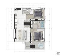 2 IZBOVÝ APARTMÁN (2 SPÁLNE + 1 OBÝV. IZBA) SEASPIRE JOMTIEN PATTAYA - Pôdorys 3-izbového bytu s kuchyňou, obývačkou, balkónom a dvomi kúpeľňami.