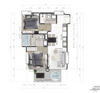 2 IZBOVÝ APARTMÁN (2 SPÁLNE + 1 OBÝV. IZBA) SEASPIRE JOMTIEN PATTAYA - Plán 3-izbového bytu s dvoma spálňami, kúpeľňami a balkónom s jacuzzi.