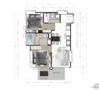 2 IZBOVÝ APARTMÁN (2 SPÁLNE + 1 OBÝV. IZBA) SEASPIRE JOMTIEN PATTAYA - Pôdorys 3-izbového bytu s dvomi spálňami, kuchyňou a balkónom.
