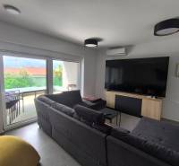CHORVÁTSKO - Atraktívny apartmán (S4) - Mandre, ostrov Pag - Obývačka v 4-izbovom byte so sedačkou, TV a výhľadom na terasu.