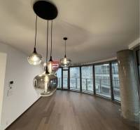 EUROVEA TOWER, Exkluzívne luxusné adm. priestory, Bratislava - Závesné svietidlá v obchodných priestoroch s parketovou podlahou a veľkými oknami.