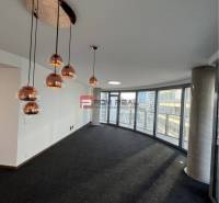EUROVEA TOWER, Exkluzívne luxusné adm. priestory, Bratislava - Obchodné priestory s panoramatickými oknami, tmavým kobercom a ozdobnými svetlami.