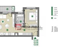 PREDAJ 2i byt, 56 m2, Prémiová novost. Zelené Nivy, Pezinok - Pôdorys 2-izbového bytu 49,71 m², pozostáva z kuchyne, obývacej izby, spálne, balkóna.
