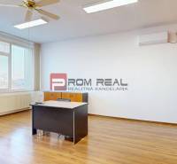 Kancelárie na prenájom v časti Podunajské Biskupice - Kancelárie so stolom, skriňami, ventilátorom a veľkými oknami.