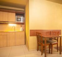Príjemný apartmán s terasou v podhorí Vysokých Tatier - Kuchynský kút s drezom, mikrovlnkou a jedálenským stolom v rekreačnom apartmáne.