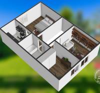 4-izbový rodinný dom s garážou, Stupava - Borovicová ulica - 3D pôdorys poschodia rodinného domu s kúpeľňou, spálňou a obývacou miestnosťou.
