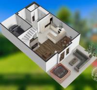 4-izbový rodinný dom s garážou, Stupava - Borovicová ulica - 3D pôdorys prízemia rodinného domu s obývačkou, kuchyňou a garážou.