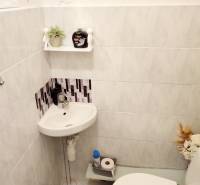 2 IZBOVÝ BYT NA PREDAJ, 59 m2, PREŠOV- PROSTĚJOVSKÁ UL. - Malá kúpeľňa v 2-izbovom byte s umývadlom, WC a dekoráciami.