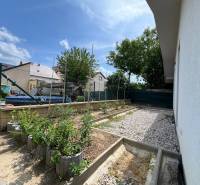 Moderný 4i rodinný bungalov 687m2 | Legionárska | Trenčín - Záhrada pri rodinnom dome na Legionárskej ulici v Trenčíne s kvetinovými záhonmi a plotom.
