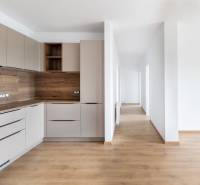 PRENAJOM | 3 Izbový byt + Loggia + Parking. PROMENADA LIVING PARK - Kuchyňa s drevenými prvkami a chodba v 3-izbovom byte, svetlé a minimalistické riešenie.
