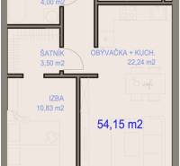 Moderný a priestranný 2i byt v novom projekte, Geologická - Pôdorys 2-izbového bytu s chodbou, kuchyňou, izbou a balkónom.