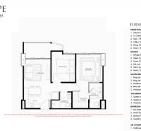 2 IZBOVÝ APARTMÁN (2 SPÁLNE + 1 OBÝV. IZBA)  EMBASSY LIFE PATTAYA - Pôdorys 3-izbového bytu s obývacou miestnosťou a dvoma spálňami, zoznam nábytku.