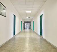 Kancelárie na prenájom 40m2, budova Fischer TireTech, TN - Dlhá chodba s bielymi stenami a zelenými dverami v kanceláriách.