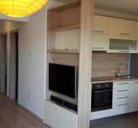 CHORVÁTSKO - Zariadený apartmán, 1. rad od mora - MANDRE, ostrov PAG - Kuchyňa v 3-izbovom byte so vstavanými spotrebičmi a televízorom na stene.