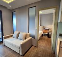 2 SPÁLŇOVÝ APARTMÁN ONCE PATTAYA - Svetlá obývacia izba v 3-izbovom byte s pohovkou a drevenou podlahou.