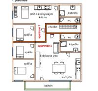 PREDAJ – Apartmánový dom na Donovaloch s 3 samostatnými apartmánmi - Pôdorys prvého poschodia rodinného domu zahŕňa izby, chodbu, kúpeľňu a balkón.