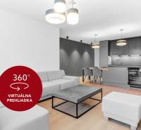 2-izbový byt, GARÁŽOVÉ STÁTIE, BA II. Ružinov, Seberíniho - Obývacia izba s kuchyňou v 2-izbovom byte, sivé odtiene, drevená podlaha, elegantné svietidlá.