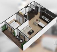 2-izbový byt, GARÁŽOVÉ STÁTIE, BA II. Ružinov, Seberíniho - 3D pôdorys 2-izbového bytu s balkónom, kuchyňou, obývačkou a spálňou.