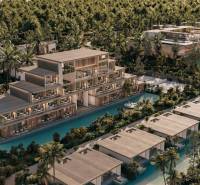 HOTELOVÝ SUITE V LUXUSNOM ZANZIBARSKOM KOMPLEKSE - Rezort obklopený palmami, bazénmi a modernými budovami na predmestí.