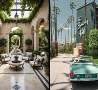 THE RIVIERA BEVERLY HILLS RESIDENCES PATTAYA - Vľavo luxusný interiér s fontánou, vpravo cesta s palmami a autom.