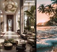 THE RIVIERA BEVERLY HILLS RESIDENCES PATTAYA - Výstavba bytov so sofistikovanou vstupnou halou a plážou v pozadí.